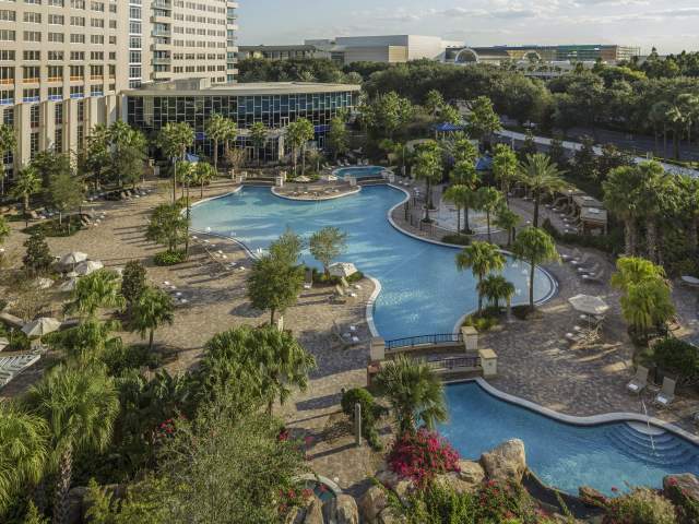 Hyatt Regency Orlando aerial view of the hotel and swimming pool