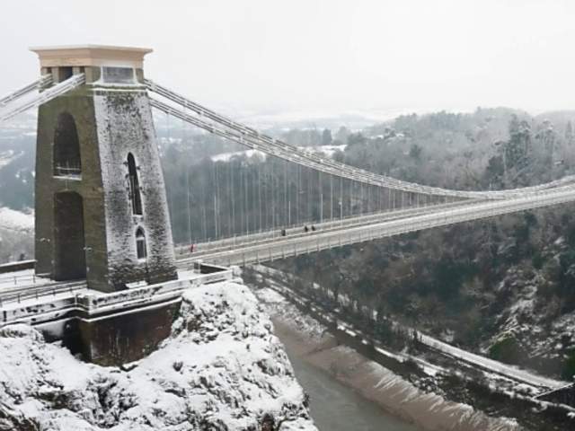 A view of the Clifton Suspension Bridge in West Bristol covered in snow, looking towards the Abbots Leigh area - credit Angharad Paull