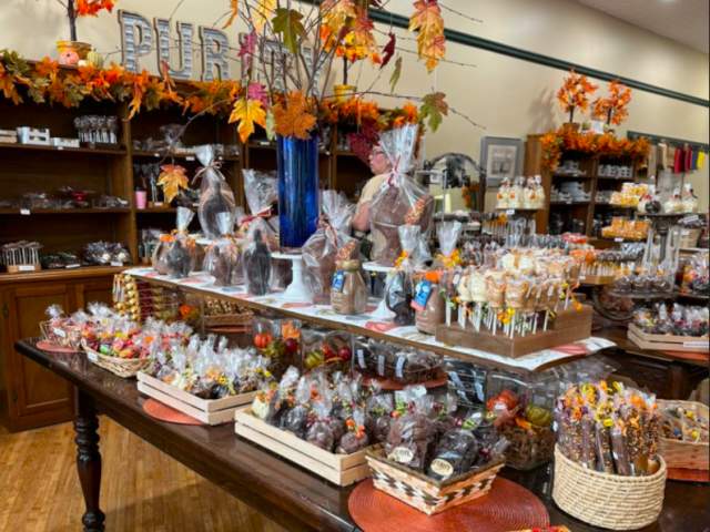 Picture of Fall display of autumn themed chocolates at Purity Candy Co