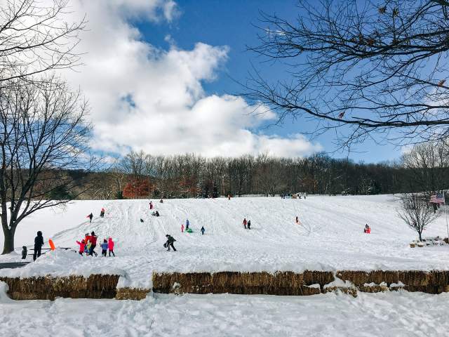 kids sleigh riding at McDade Park