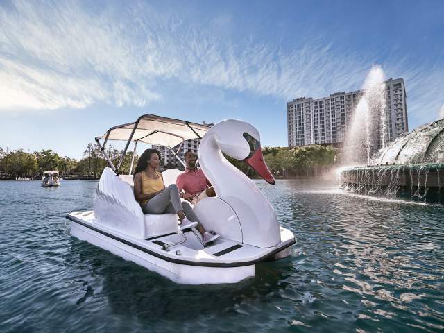 A couple exploring Lake Eola on a swan boat
