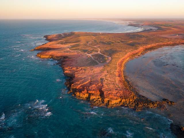 Aerial view of the coastline and the camping area at Cape Keraudren on the Pilbara Coast