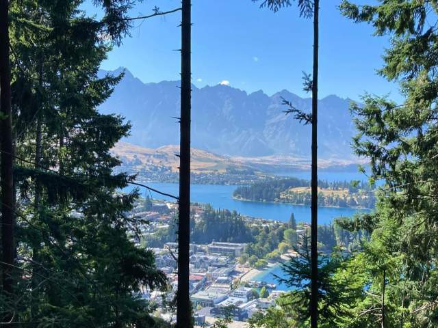 Views through trees along the Tiki Trail of the Remarkables and Queenstown