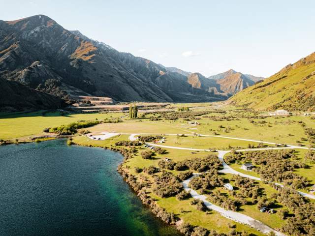 Aerial view over Moke Lake campground near Queenstown