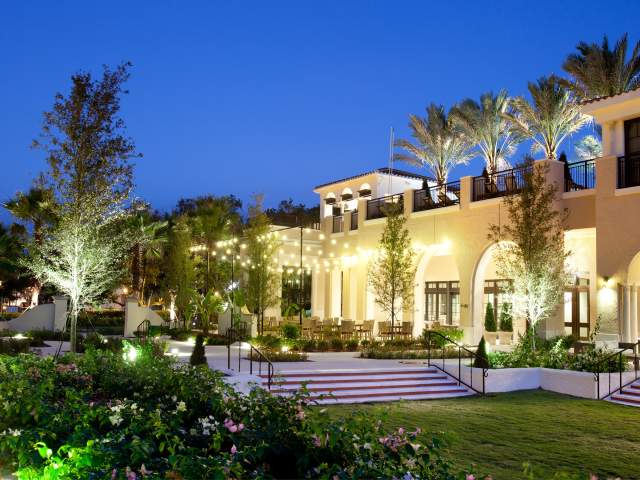 The Alfond Inn exterior with lights during evening