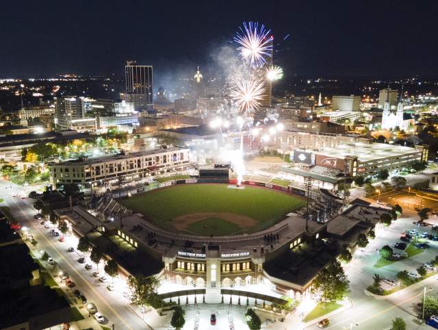 Fireworks over downtown Fort Wayne after a TinCaps game at Parkview Field.