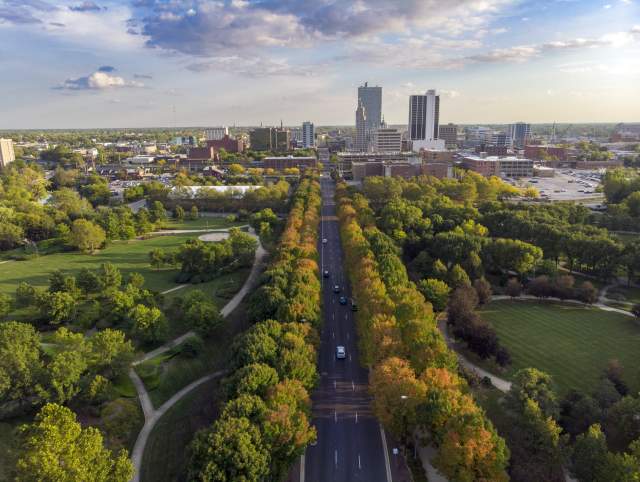 Aerial image of downtown Fort Wayne, Indiana during the fall.