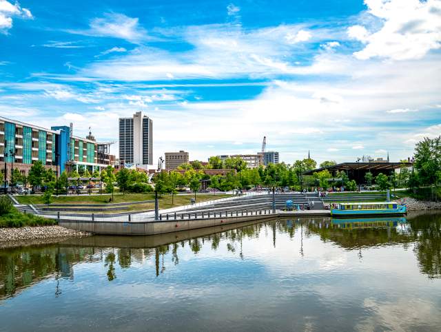 riverfront park with downtown skyline in the background