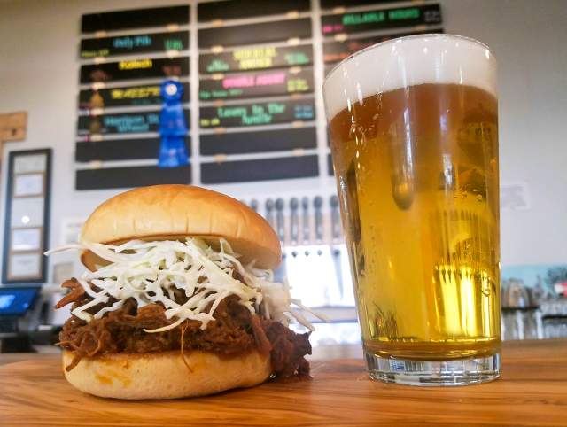 Pulled Pork Sandwich and Beer at Hop River Brewing Company