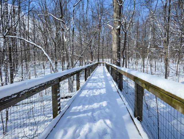Snow covered Trail of Reflection at Lindenwood Nature Preserve in Fort Wayne