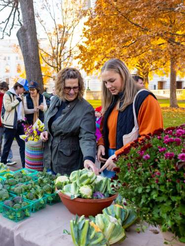 Two white women look over a table of vegetables at the Dane COunty Farmers Market in Fall