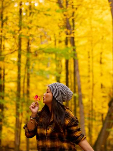 A woman in a plaid shirt and beanie holds a red leaf in a vibrant yellow forest, surrounded by tall trees. The scene captures autumn's beauty.