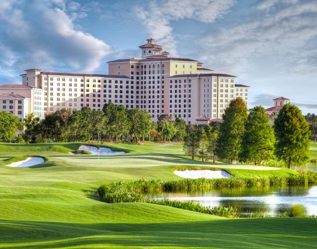 A scenic view of the Shingle Creek Golf Course with the hotel.