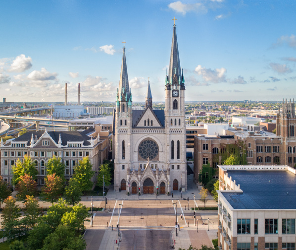 drone photo of Gesu Church on the Marquette University campus