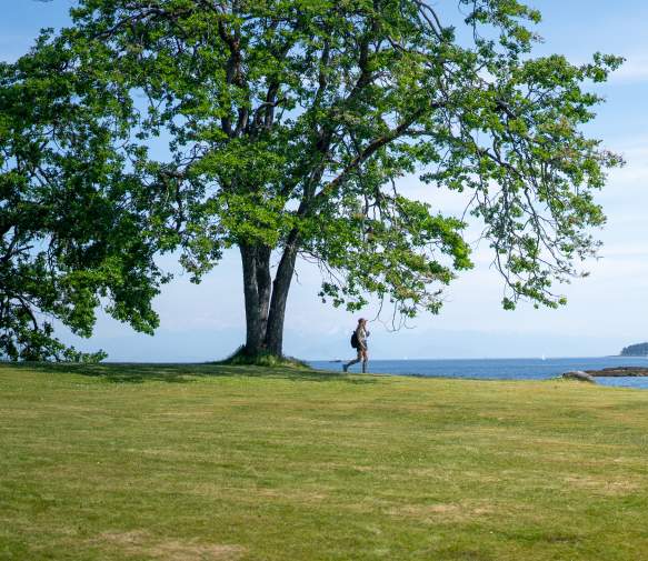 Saysutshun walking by a tree
