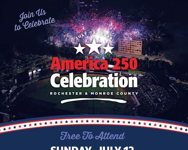 A flyer advertising the America 250 event taking place at ESL Ballpark on July 12. The flyer features details listed later on in this page as well as an image of vibrant fireworks over ESL Ballpark.