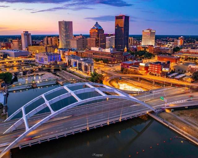 Overhead view of the City of Rochester skyline