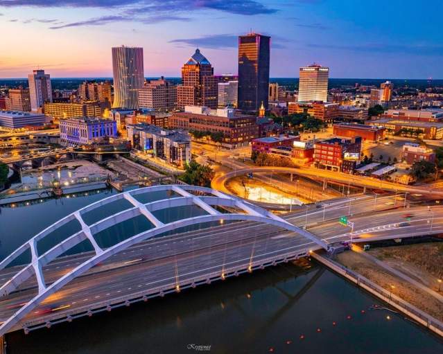Overhead view of the City of Rochester skyline