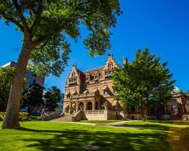 outside of the Pabst Mansion museum on a sunny day