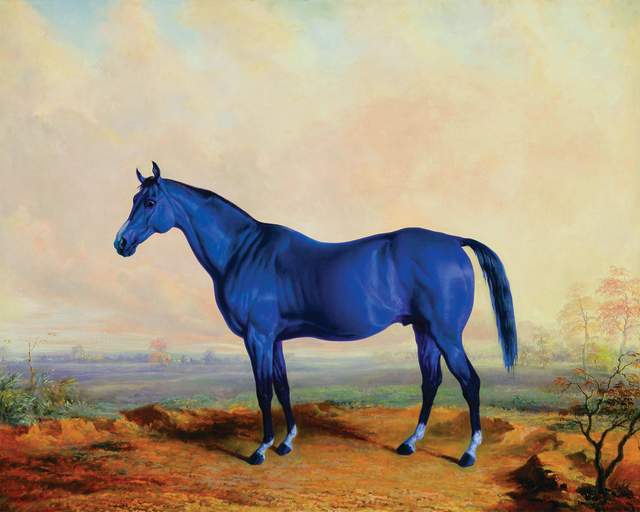 Painted portrait of Big Lex - a large, vibrantly blue horse.