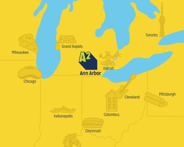 Illustrated Midwest Map, with Ann Arbor highlighted with A2