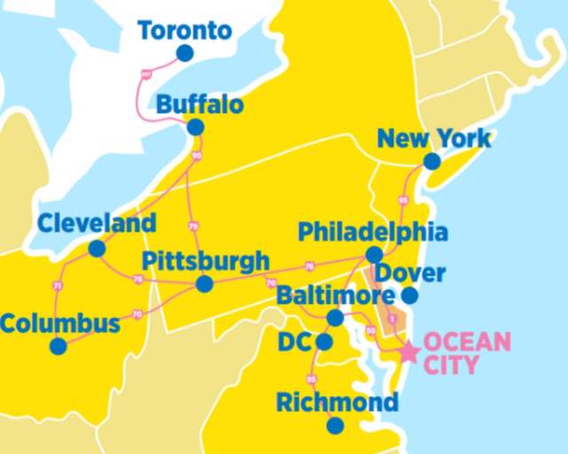 Map showing Ocean City, MD