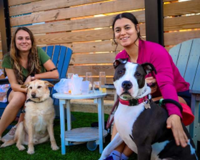 Two women relax outdoors with their dogs at a pet-friendly restaurant in Fayetteville, NC, sitting in Adirondack chairs with drinks on the table.