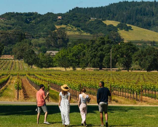 Happy friends gather on the lawn overlooking the vineyard at Chateau St. Jean in Kenwood, Sonoma Valley