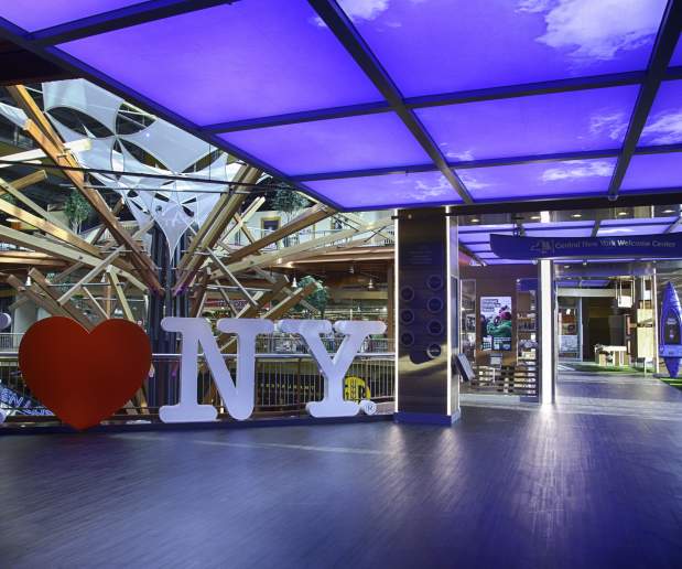 The I Love NY sign at the CNY Welcome Center at Destiny USA