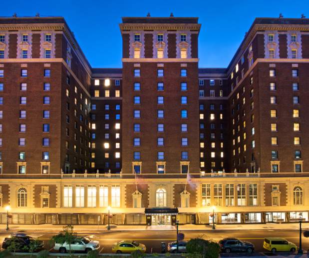 Outside at Night, lit up Marriott Syracuse Downtown