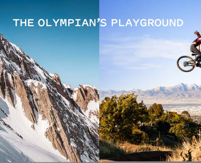 Skier on snowy mountain and the mountain range lines up with the mountain behind a mountain biker jumping over some rocks