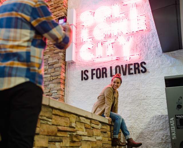 'Salt Lake City is for Lovers' Neon sign at The Gateway