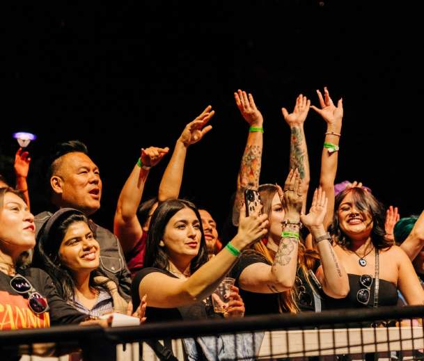 Concert goers dancing and singing with their arms in the air