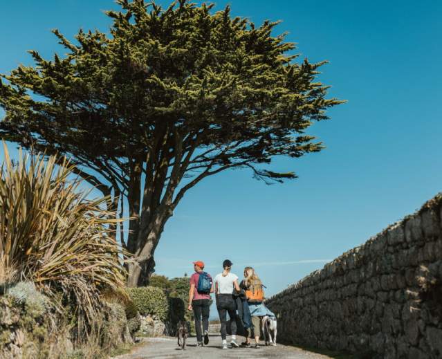 Friends walking along a road on Scilly