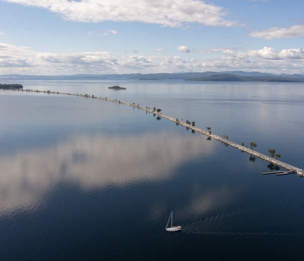 Aerial view of the Causeway and Lake Champlain