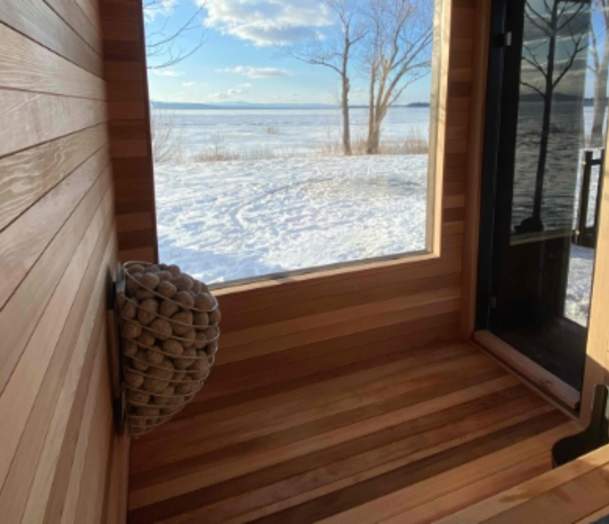 The view from inside the Savu Spa sauna in Burlington overlooking Lake Champlain