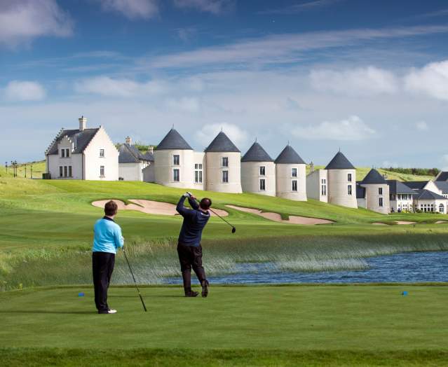 Golfers teeing off at the Lough Erne Resort in Enniskillen, County Fermanagh.