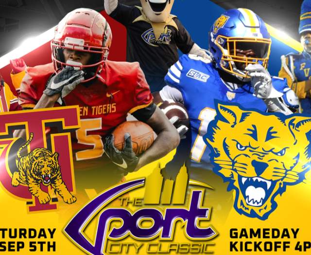 a flyer for the Port City Classic bowl game in Mobile, AL on September 5th at Ladd Peebles Stadium Image features players from both football team, members of the marching bands and logos for supporting sponsors.
