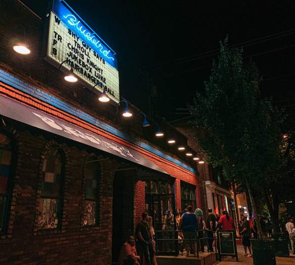 Exterior of The Bluebird on a concert night