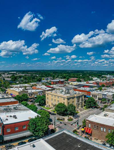 Wide angle drone shot of downtown McKinney
