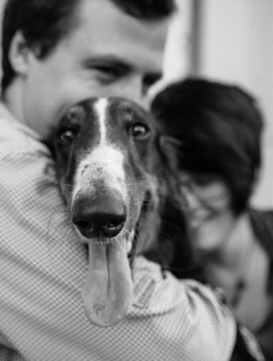 Black and white photo of cute dog with his tongue hanging out, sitting on his owner's lap