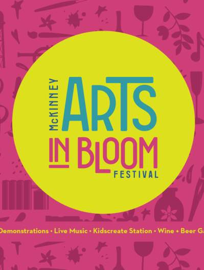 Arts in Bloom logo in yellow circle with artsy pink background