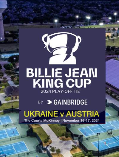 Billie Jean King Cup header image of logo on photo of The Courts tennis facility