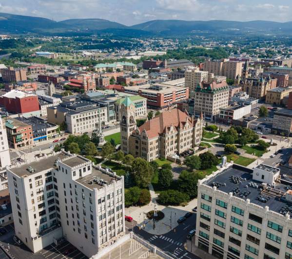An aerial shot of Courthouse Square in Downtown Scranton, PA