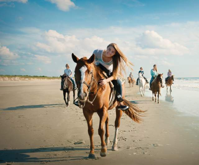Horseback Riding on Waites Island with a beautiful blue sky and puffy white clouds.