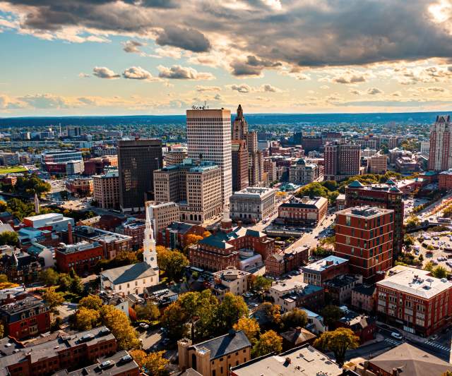 Drone photo of the Providence skyline