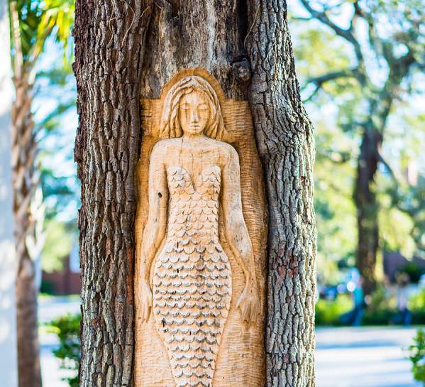 A mermaid tree carving is the most famous of the St. Simons Island Tree Spirits