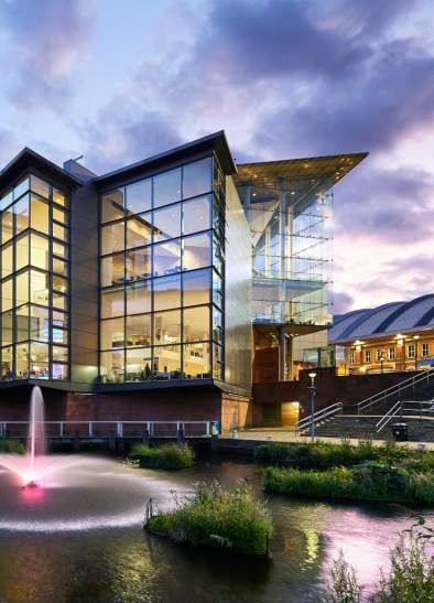 Exterior of Bridgewater Hall with fountain in the foreground