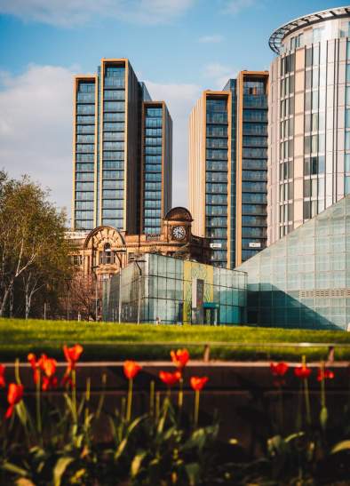 High rise buildings in Manchester with a park and flowers in the foreground