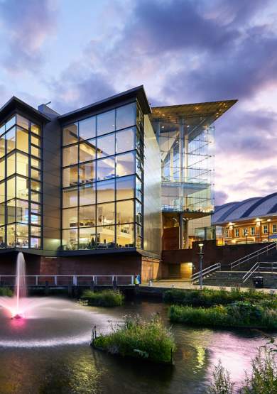Exterior of Bridgewater Hall with fountain in the foreground